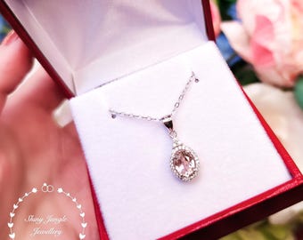 Elongated Halo Oval Morganite Necklace, Oval 2 Carats 6*8 mm Morganite Halo pendant, Blush Pastel Pink Morganite Necklace, Bridal Necklace
