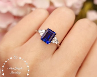 Three Stone Emerald Cut Sapphire Engagement Ring, 2 Carats 6*8 mm Rectangular Genuine Lab Grown Sapphire Promise Ring, September Birthstone