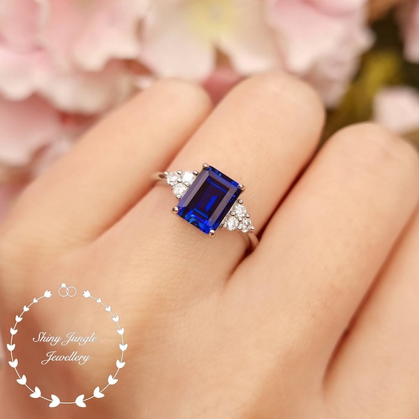 Three Stone Emerald Cut Sapphire Engagement Ring, 2 Carats 6*8 mm Rectangular Genuine Lab Grown Sapphire Promise Ring, September Birthstone