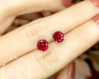 1 carat Genuine Lab Grown Ruby Stud Earrings, 6*6 mm Round Pigeons Blood Ruby Earrings, Simple Bridal Earrings, Minimalist Earrings