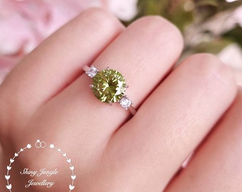 2 Carats Three Stone Round Cut Peridot Ring, 8 mm Round Peridot Trilogy Engagement Ring, August Birthstone Promise Ring, Olive Green Ring