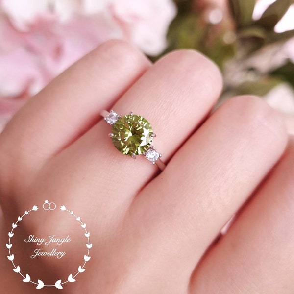 2 Carats Three Stone Round Cut Peridot Ring, 8 mm Round Peridot Trilogy Engagement Ring, August Birthstone Promise Ring, Olive Green Ring