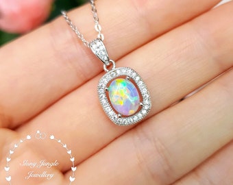 Vintage Design Halo Oval Cut Fire Opal Necklace, 6*8 mm White Opal Cabochon Pendant, October Birthstone Pendant, Cushion Halo Opal Necklace