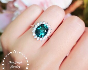 Halo 3 Carats Oval Cut Indicolite Tourmaline Engagement Ring, Teal Green Tourmaline Ring, Deep Turquoise Tourmaline Ring, October Birthstone