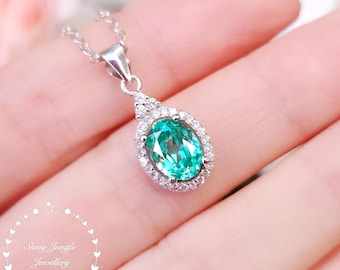 Oval Paraiba Tourmaline Necklace, 2ct Bright Teal Green Tourmaline Halo Necklace, Turquoise Blue Gem Pendant, October Birthstone Gift