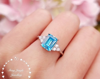 Emerald Cut Swiss Blue Topaz Engagement Ring, Three Stone Set 2 carats 6*8 mm Sky Blue Topaz Promise Ring, November Birthstone Gift