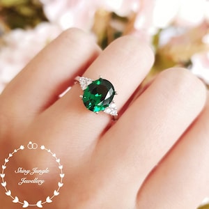 3 carats oval emerald ring, three stone emerald engagement ring, white gold plated sterling silver, green gemstone ring, May Birthstone Gift