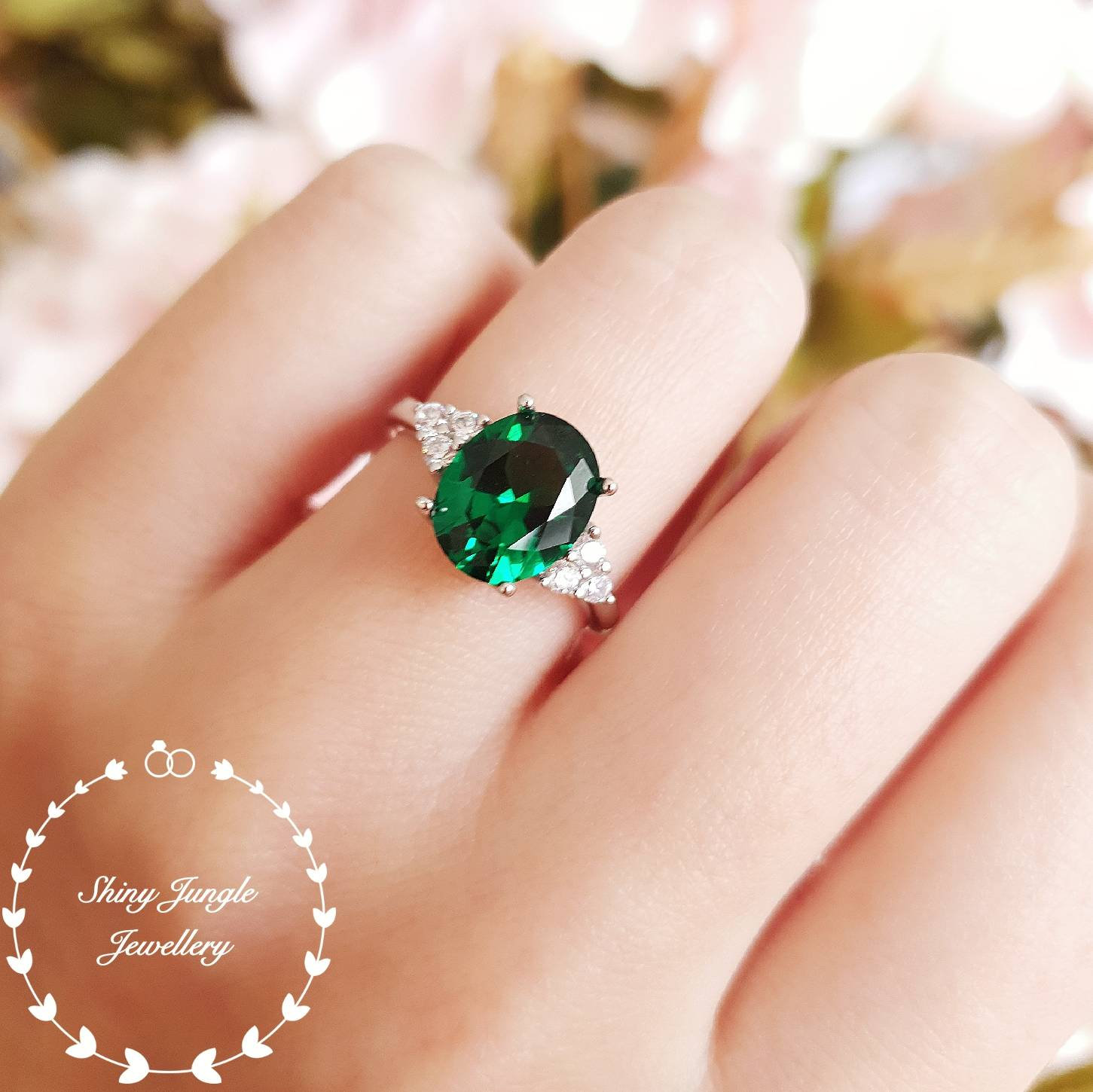 Emerald and diamond sterling silver engagement Dress ring