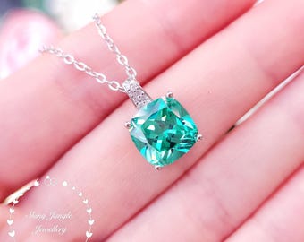 Cushion Cut Paraiba tourmaline pendant, 3 Carats Teal Green Tourmaline Necklace, Bright Turquoise Gemstone Pendant, October Birthstone Gift