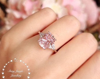 Pink diamond ring, 3 stone style engagement ring, 3 carats cushion cut fancy pink diamond simulant ring, pastel pink diamond solitaire ring