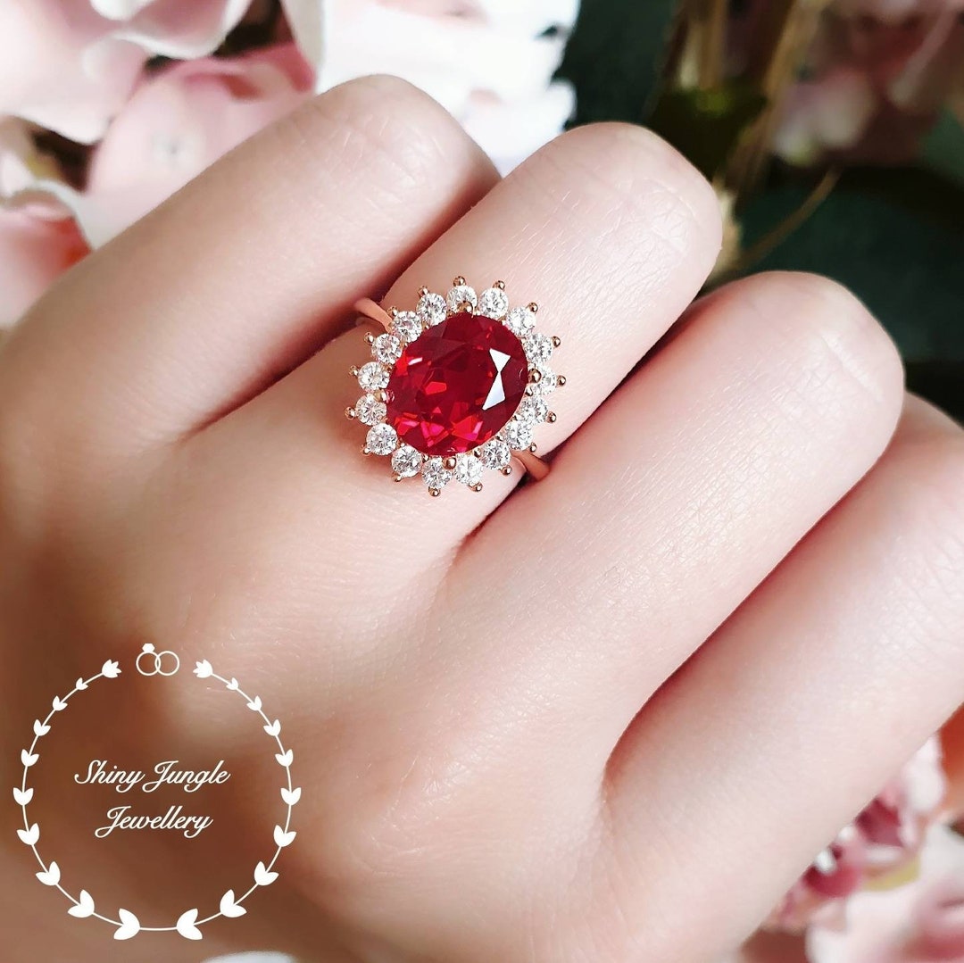 3 Carats Genuine Lab Grown Ruby Ring, Halo Ruby Engagement Ring ...