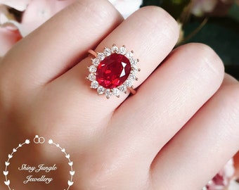 3 carats Genuine Lab Grown Ruby ring, Halo ruby engagement ring, vintage halo design engagement ring, red gemstone ring, cluster ring