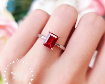 Emerald cut genuine lab grown ruby engagement ring, rectangular ruby solitaire ring, white gold plated sterling silver, red gemstone ring