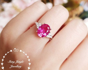 3 carats Genuine Lab Grown Oval Cut Pink Sapphire Three Stone Engagement Ring, Hot Pink Gem Promise ring, September Birthstone Promise Ring