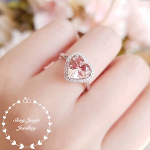 Heart shaped Halo Morganite ring, Morganite engagement ring, pink heart promise ring, white/rose gold plated sterling silver, pink gemstone