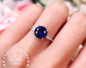 Round Genuine Lab Grown Sapphire Trilogy Engagement Ring, 2 Carats Royal Blue Sapphire Three Stone Ring, September Birthstone Promise Ring