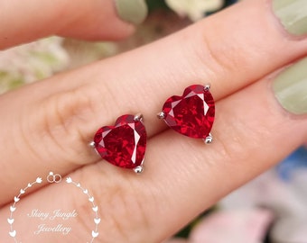 Pigeons Blood Heart Shaped Genuine Lab Grown Ruby Stud Earrings, 8 mm Heart Cut Ruby Earrings, Red Heart Studs, Bridal Earrings, Red Hearts