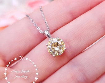 Pastel Yellow Diamond Solitaire Necklace, Sterling Silver Diamond Simulant Pendant, 2 Carats Round Brilliant Cut