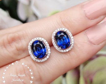 Modern Halo Sapphire Earrings, Genuine lab grown Royal Blue sapphire stud earrings, oval blue sapphire bridal earrings, micro pave earrings