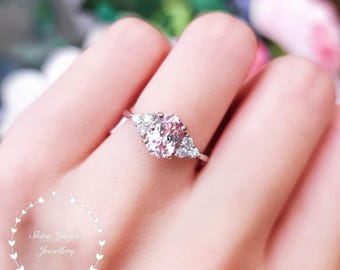 Rare Pastel Blush Pink Genuine Lab Grown Sapphire Engagement Ring, 2 Carats 6*8 Oval Light Padparadscha Sapphire Ring, Three Stone Ring