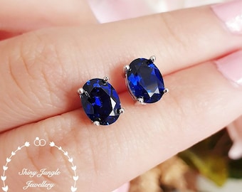 2 carats Royal Blue Genuine Lab Grown sapphire stud earrings, 6*8mm Oval cut sapphire earrings, simple bridal earrings, minimalist earrings