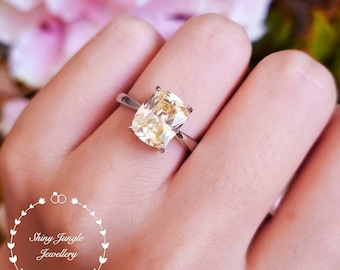 Cushion Cut Yellow Diamond Solitaire Engagement Ring, 3 Carats 8*10 mm Pastel Yellow Diamond Simulant Promise Ring, Fancy Light Yellow Ring