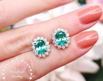 Paraiba Tourmaline Halo Earrings, Bright Teal Green Tourmaline Earrings, Turquoise Green Bridal Earrings, Oval Tourmaline Earrings