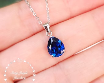 Genuine Lab Grown Pear Shaped Royal Blue Sapphire Necklace, September Birthstone Teardrop Sapphire Pendant, Pear Cut Sapphire Bridal Pendant