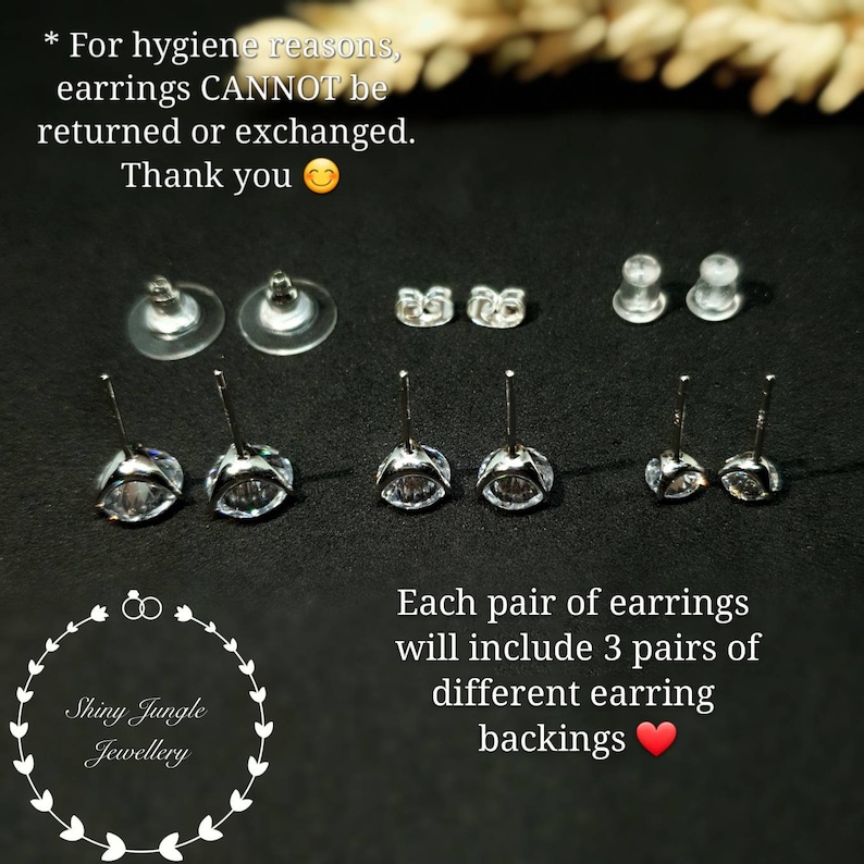 Diamond Stud Earrings, 0.5, 1 & 2 Carat Man Made Diamond Simulant Studs, 14k White Gold Plated Silver 3 Prong Set, Mothers Gift with Box image 6