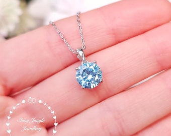 2 Carats Round Aquamarine Solitaire Pendant, Sterling Silver Birthstone Necklace, March Birthday Gift