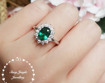 2 Carats Halo Emerald Engagement Ring, Oval Emerald Ring, May Birthstone, white gold plated silver Green Gemstone Ring, Classic Diana Style