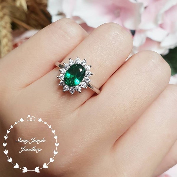 2 Carats Halo Emerald Engagement Ring, Oval Emerald Ring, May Birthstone, white gold plated silver Green Gemstone Ring, Classic Diana Style