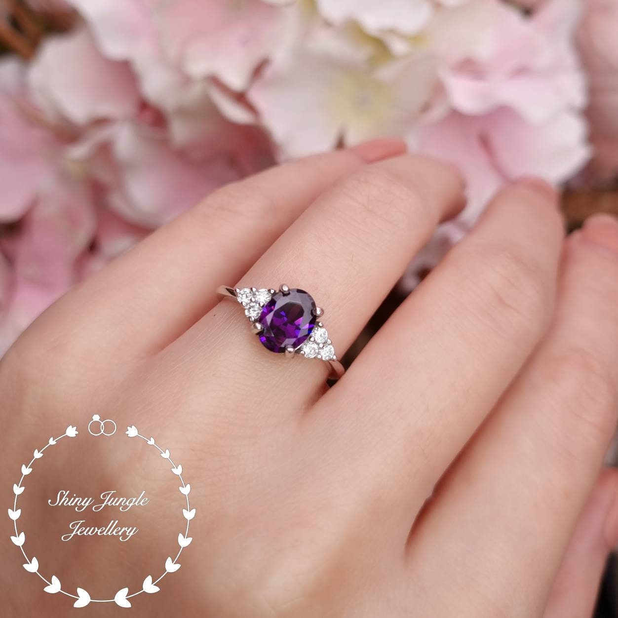 Three Stone Oval Amethyst Ring 2 carats 6 8 mm Faceted Amethyst