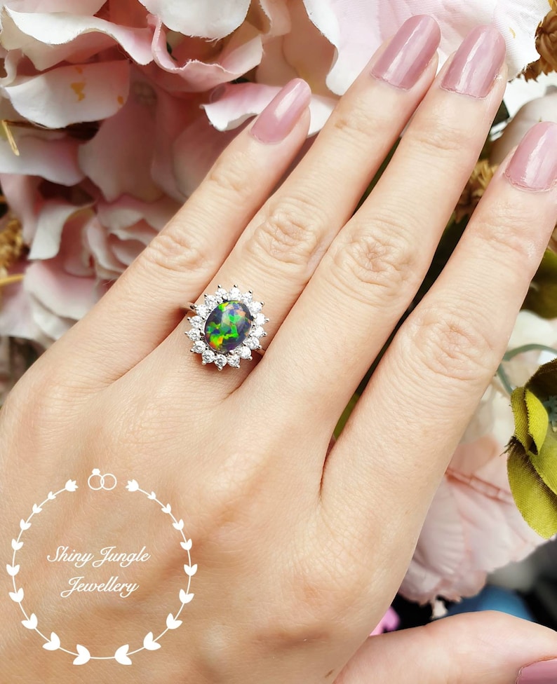 Black Opal Halo Engagement Ring 79 Mm Cabochon Black Opal Etsy UK