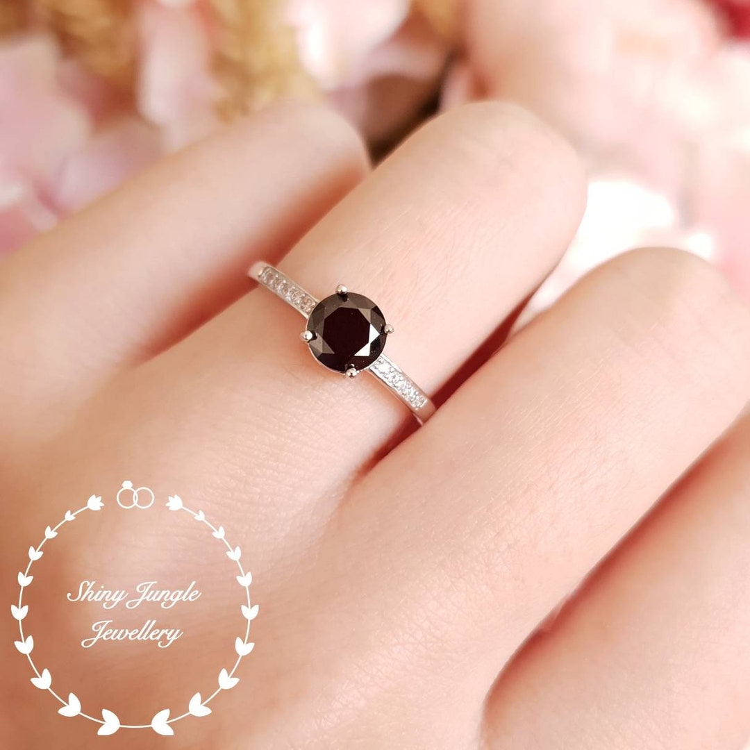 Dainty Black Spinal Ring, 1 Ct Round Black Spinel Ring, Goth