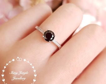 Dainty black spinal ring, 1 ct round black spinel ring, Goth ring, white gold plated sterling silver, black gemstone ring, solitaire ring