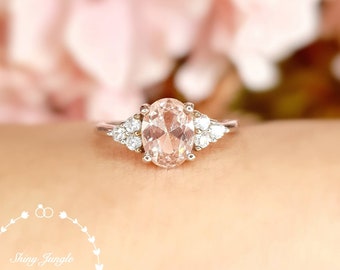 Oval Morganite ring, 2 carats 6*8 Morganite engagement ring, three stone Morganite ring, white gold plated sterling silver, pink stone ring