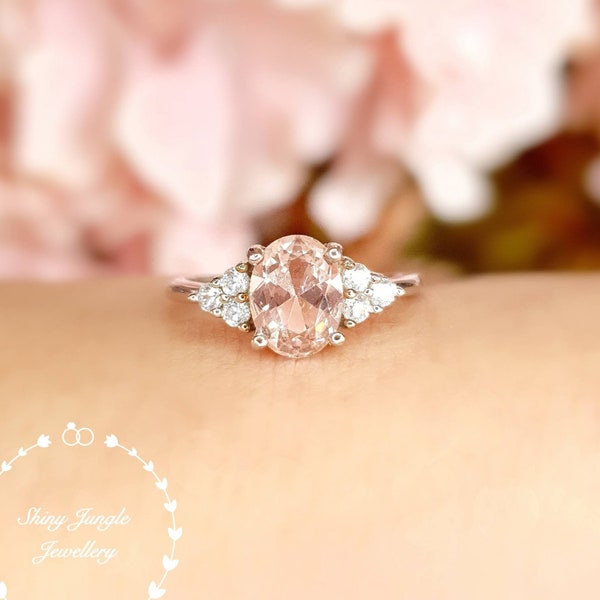 Oval Morganite ring, 2 carats 6*8 Morganite engagement ring, three stone Morganite ring, white gold plated sterling silver, pink stone ring