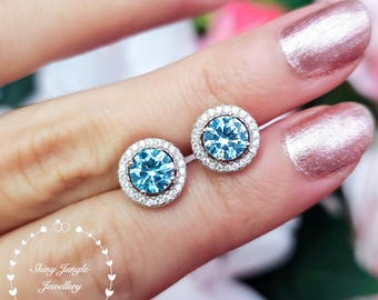 Modern Halo Aquamarine Stud Earrings, 1 Carat 6 mm Simple Sky Blue Gem Stud Earrings, March Birthstone Gift, Simple Blue Bridal Earrings