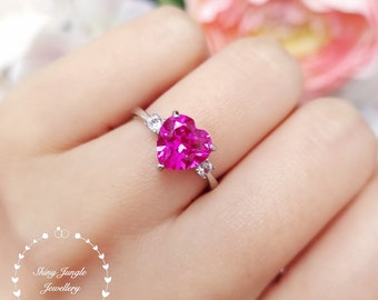 Heart Cut Pink Sapphire Three Stone Ring, 2 Carats 8mm Genuine Lab Grown Pink Sapphire Engagement Ring, September Birthstone Gift