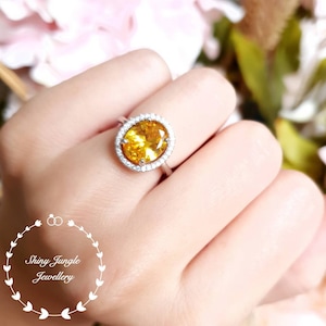 Halo yellow diamond ring, 3 ct yellow diamond simulant engagement ring, white gold plated sterling silver, yellow stone ring,statement ring