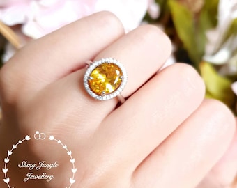 Halo yellow diamond ring, 3 ct yellow diamond simulant engagement ring, white gold plated sterling silver, yellow stone ring,statement ring