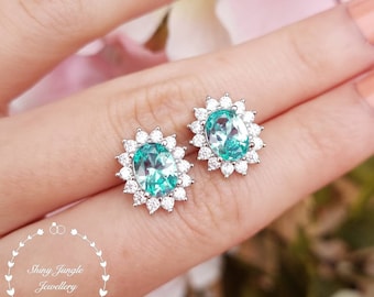 Paraiba Tourmaline Halo Earrings, Pastel Teal Green Tourmaline Earrings, Turquoise Blue Bridal Earrings, Oval Tourmaline Earrings