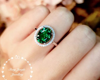 Modern Halo Oval Cut Emerald Engagement Ring, 3 carats 8*10 mm Muzo Green Emerald with Micro Pavé Halo, May Birthstone Promise Ring Gift