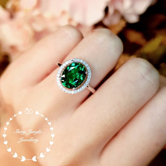Birthstone Green Emerald Cut Two Tone Diamond Ring Halo Set Party Wear Womans Trendy Diamond Ring Anniversary GIft For Wife Handmade Ring