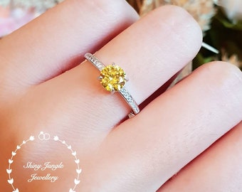 Round Yellow diamond engagement ring, delicate 1 carat fancy yellow diamond simulant ring, yellow stone ring, solitaire ring, promise ring