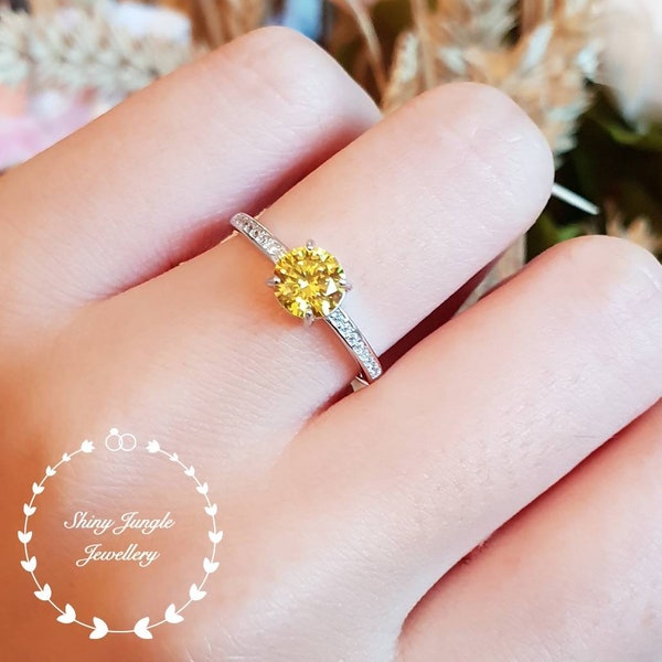 Bague de fiançailles ronde en diamant jaune, délicate bague simulante en diamant jaune fantaisie 1 carat, bague en pierre jaune, bague solitaire, bague promise