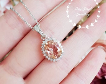 Morganite necklace, Halo Morganite pendant, padparadscha sapphire colour, solitaire pendant, pink stone pendant, oval cut morganite pendant