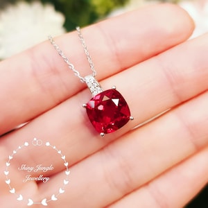 Cushion Cut Ruby Necklace, 3 Carats Lab Grown Genuine Ruby Pendant, Sterling Silver, July Birthstone Gift