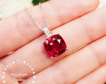 Cushion Cut Ruby Necklace, 3 Carats Lab Grown Genuine Ruby Pendant, Sterling Silver, July Birthstone Gift